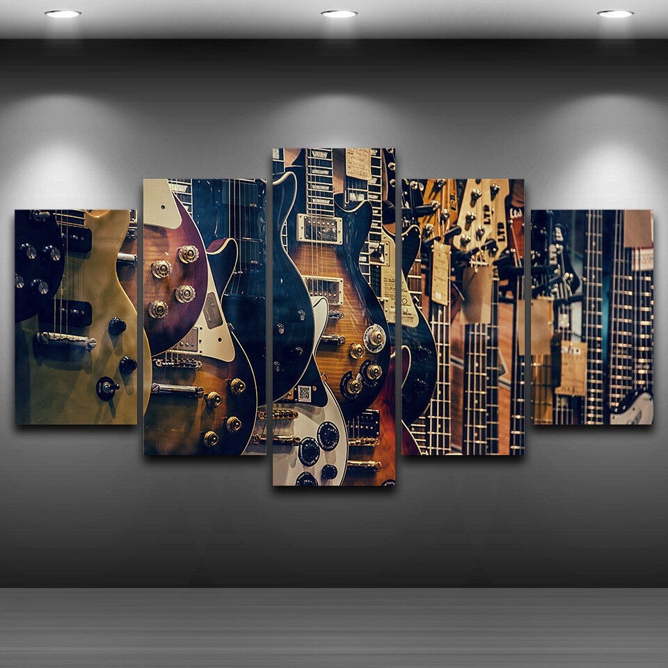 Musical Instrument In Africa - No Frame Canvas 5Pieces Vintage Guitars
